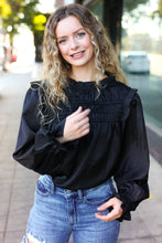Load image into Gallery viewer, Be Your Best Satin Shirred Yoke Frilled Mock Neck Top in Black