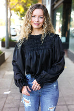 Load image into Gallery viewer, Be Your Best Satin Shirred Yoke Frilled Mock Neck Top in Black