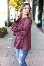 Load image into Gallery viewer, Be Your Best Satin Shirred Yoke Frilled Mock Neck Top in Wine