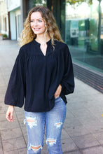 Load image into Gallery viewer, Boho Vibes Notched Neck Smocked Bubble Sleeve Top in Black