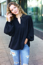 Load image into Gallery viewer, Boho Vibes Notched Neck Smocked Bubble Sleeve Top in Black