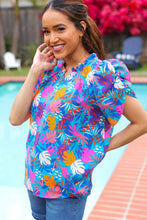 Load image into Gallery viewer, All For You Aqua Tropical Print Frill Notch Neck Puff Sleeve Top