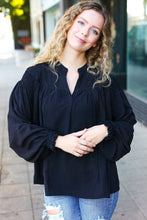 Load image into Gallery viewer, Boho Vibes Notched Neck Smocked Bubble Sleeve Top in Black