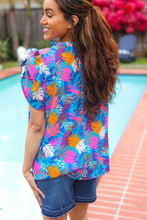 Load image into Gallery viewer, All For You Aqua Tropical Print Frill Notch Neck Puff Sleeve Top
