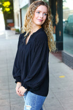 Load image into Gallery viewer, Boho Vibes Notched Neck Smocked Bubble Sleeve Top in Black