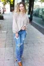 Load image into Gallery viewer, Boho Vibes Notched Neck Smocked Bubble Sleeve Top in Taupe