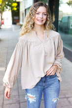 Load image into Gallery viewer, Boho Vibes Notched Neck Smocked Bubble Sleeve Top in Taupe