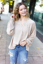 Load image into Gallery viewer, Boho Vibes Notched Neck Smocked Bubble Sleeve Top in Taupe