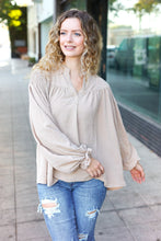 Load image into Gallery viewer, Boho Vibes Notched Neck Smocked Bubble Sleeve Top in Taupe