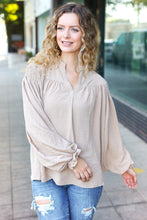 Load image into Gallery viewer, Boho Vibes Notched Neck Smocked Bubble Sleeve Top in Taupe