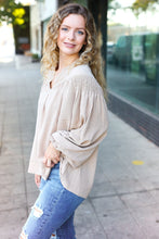 Load image into Gallery viewer, Boho Vibes Notched Neck Smocked Bubble Sleeve Top in Taupe