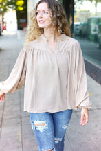 Load image into Gallery viewer, Boho Vibes Notched Neck Smocked Bubble Sleeve Top in Taupe