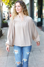 Load image into Gallery viewer, Boho Vibes Notched Neck Smocked Bubble Sleeve Top in Taupe