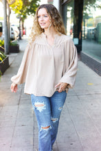 Load image into Gallery viewer, Boho Vibes Notched Neck Smocked Bubble Sleeve Top in Taupe
