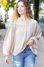 Load image into Gallery viewer, Boho Vibes Notched Neck Smocked Bubble Sleeve Top in Taupe