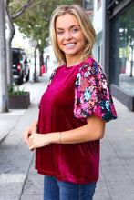 Load image into Gallery viewer, Diva Dreams Wine Floral Sequin Puff Sleeve Velvet Top