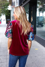 Load image into Gallery viewer, Diva Dreams Wine Floral Sequin Puff Sleeve Velvet Top
