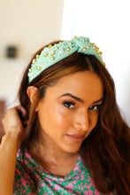 Load image into Gallery viewer, Heart Pearl &amp; Jewel Knot Knit Headband in Mint
