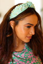 Load image into Gallery viewer, Heart Pearl &amp; Jewel Knot Knit Headband in Mint
