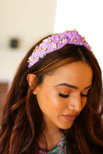 Load image into Gallery viewer, Heart Pearl &amp; Jewel Knot Knit Headband in Purple
