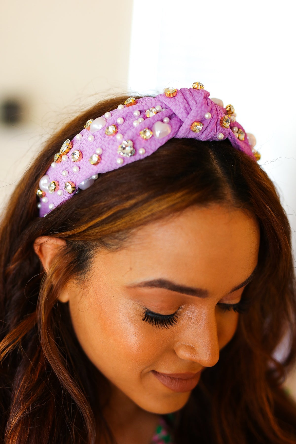 Heart Pearl & Jewel Knot Knit Headband in Purple