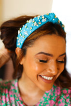 Load image into Gallery viewer, Heart Pearl &amp; Jewel Knot Knit Headband in Blue
