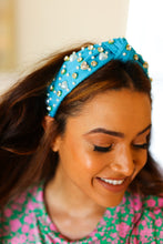 Load image into Gallery viewer, Heart Pearl &amp; Jewel Knot Knit Headband in Blue
