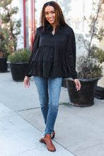 Load image into Gallery viewer, Perfectly You Button Down Tiered Babydoll Satin Top in Black