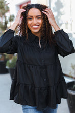 Load image into Gallery viewer, Perfectly You Button Down Tiered Babydoll Satin Top in Black