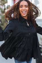 Load image into Gallery viewer, Perfectly You Button Down Tiered Babydoll Satin Top in Black