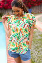 Load image into Gallery viewer, Hello Beautiful Green & Orange Geo Frill Notch Neck Puff Sleeve Top