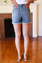 Load image into Gallery viewer, Judy Blue Medium Blue High Rise Buttonfly Frayed Hem Shorts

