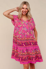 Load image into Gallery viewer, Boho Love Fuchsia Floral Print V Neck Dolman Sleeve Dress