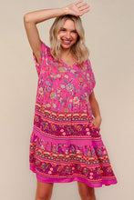 Load image into Gallery viewer, Boho Love Fuchsia Floral Print V Neck Dolman Sleeve Dress