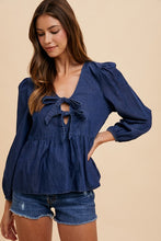 Load image into Gallery viewer, Tie Front Peplum Long Sleeve Denim Top in Navy