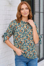 Load image into Gallery viewer, Teal Floral Tie Sleeve Blouse