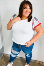 Load image into Gallery viewer, Patriotic Pom Pom Lace Flutter Sleeve Top