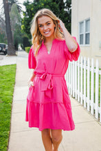 Load image into Gallery viewer, Star Struck Fuchsia Notched Neck Balloon Sleeve Sash Belt Mini Dress