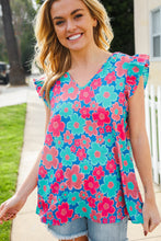 Load image into Gallery viewer, Flower Power Blue V Neck Flutter Sleeve Woven Blouse