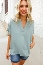 Load image into Gallery viewer, Casual Chic Sage Linen Notch Neck Dolman Short Sleeve Top