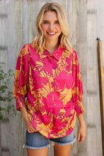 Load image into Gallery viewer, Elegant In Fuchsia & Gold Satin Button-Down Smock Long Sleeve Bouse