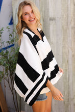 Load image into Gallery viewer, The Traveler Black/White Stripe Dolman Notch Neck Sweater Poncho