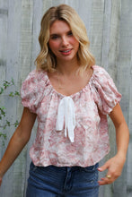 Load image into Gallery viewer, Feeling Femme' Blush Scoop Neck Bubble Sleeve Floral Top w/Bow