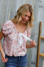 Load image into Gallery viewer, Feeling Femme' Blush Scoop Neck Bubble Sleeve Floral Top w/Bow