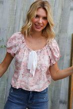 Load image into Gallery viewer, Feeling Femme' Blush Scoop Neck Bubble Sleeve Floral Top w/Bow