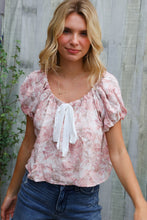 Load image into Gallery viewer, Feeling Femme' Blush Scoop Neck Bubble Sleeve Floral Top w/Bow