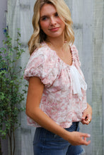 Load image into Gallery viewer, Feeling Femme' Blush Scoop Neck Bubble Sleeve Floral Top w/Bow