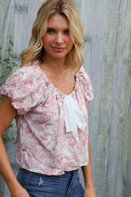 Load image into Gallery viewer, Feeling Femme' Blush Scoop Neck Bubble Sleeve Floral Top w/Bow