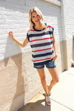 Load image into Gallery viewer, Feeling Festive Red White & Blue Striped Crochet Sweater Top