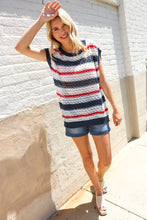 Load image into Gallery viewer, Feeling Festive Red White & Blue Striped Crochet Sweater Top